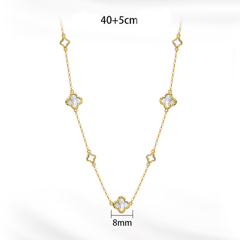 Silver Mother of Pearl Clover Station Necklace, Hollow Outline Four Leaf Clover with Natural White Mother of Pearl Inlay
