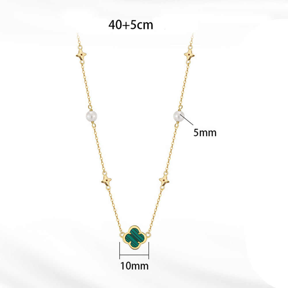 Silver Malachite Clover Pearl Necklace, Green Malachite Four Leaf Clover Pendant, Star Charms and Glossy Freshwater Pearl Stations