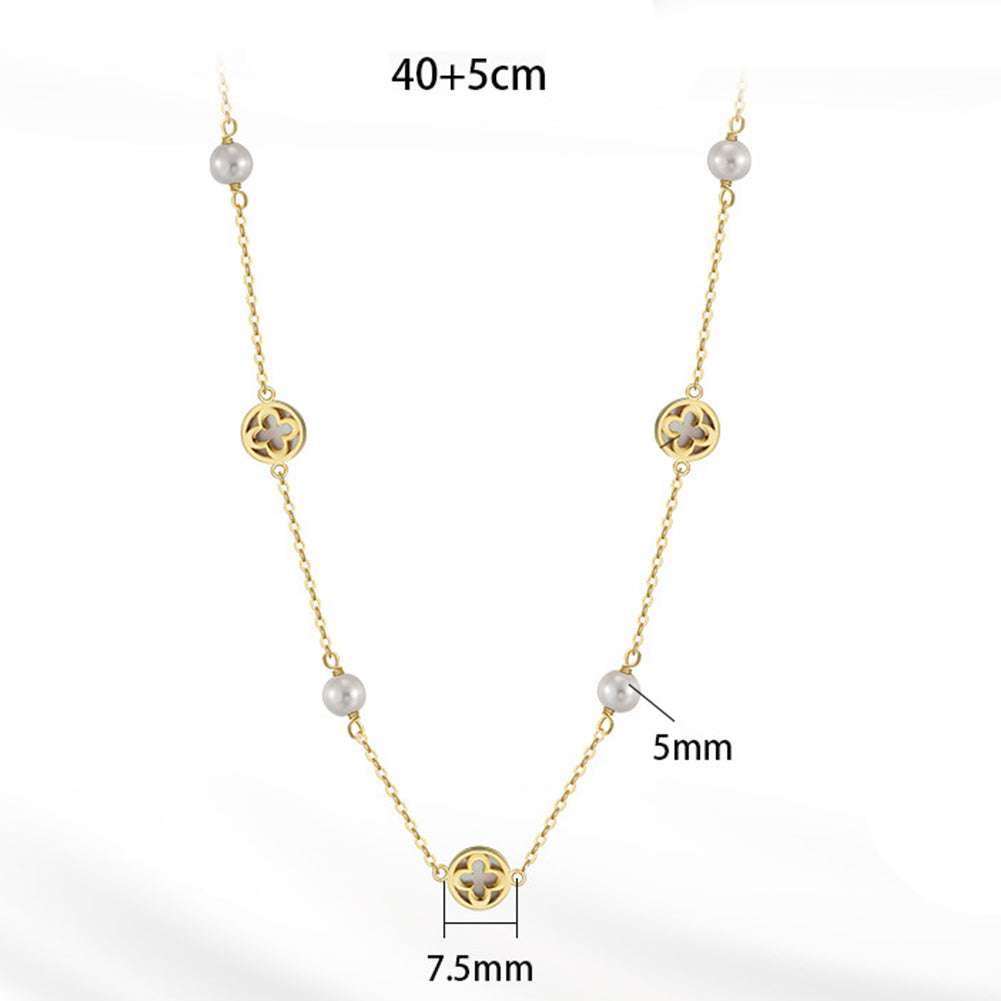 Silver Clover & Pearl Station Necklace, Hollow Four Leaf Clover Mother of Pearl Inlay with Lustrous Round Freshwater Pearls
