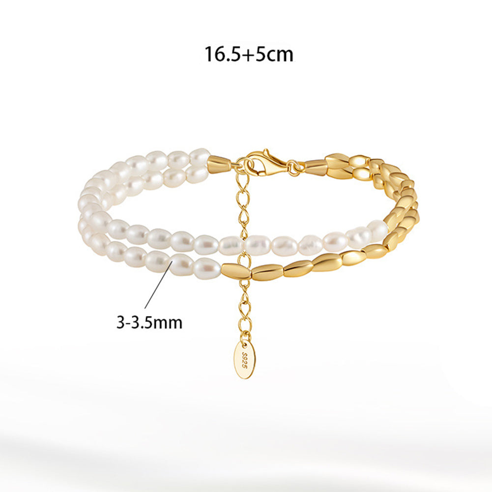 14K Gold Plated Double Strand Bracelet, Tiny Rice Freshwater Pearls with Polished Gold Oval Links, S925 Tag Adjustable Extension Chain