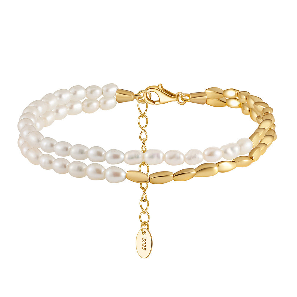 14K Gold Plated Double Strand Bracelet, Tiny Rice Freshwater Pearls with Polished Gold Oval Links, S925 Tag Adjustable Extension Chain