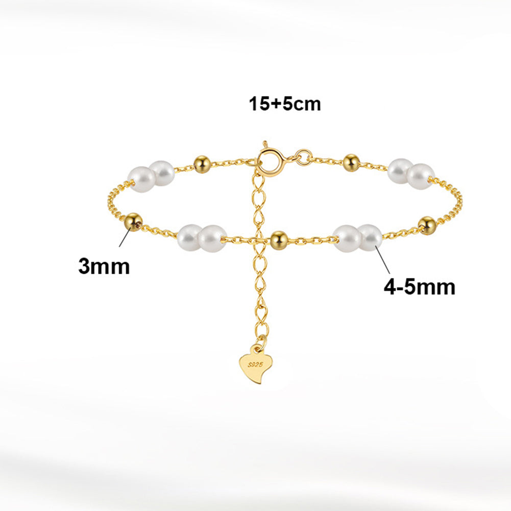 14K Gold Plated Dainty Cable Chain Bracelet, Lustrous White Freshwater Pearl Paired Beads with Gold Spacers, Heart Charm Adjustable Extension Chain