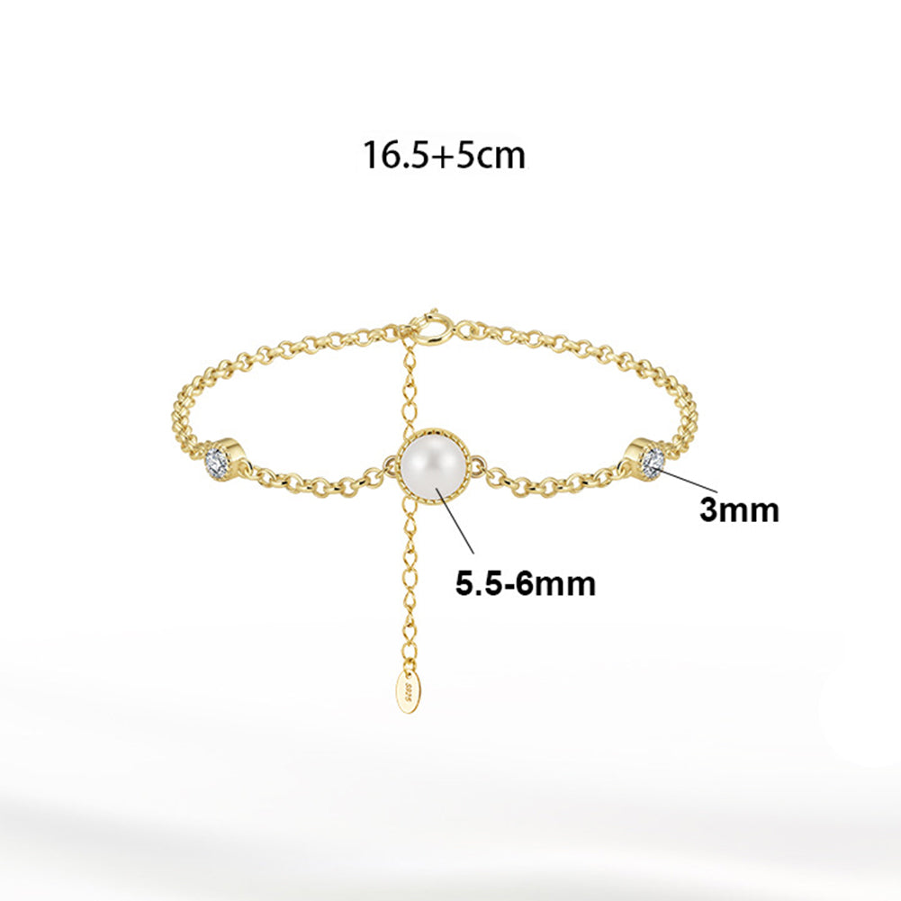 S925 Sterling Silver Dainty Chain Bracelet, Central Round Freshwater Pearl with CZ Halo Side Accents, Adjustable Extension Chain