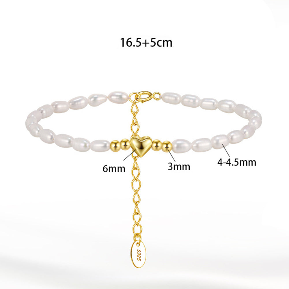 S925 Sterling Silver Beaded Bracelet, White Baroque Rice Freshwater Pearls with 3D Heart Accent, Adjustable Extension Chain