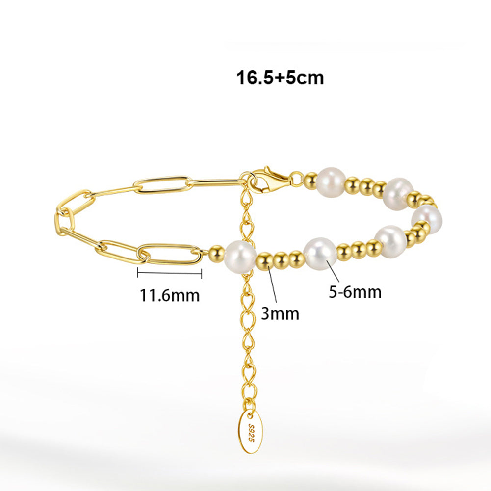 S925 Sterling Silver Half Paperclip Half Ball Chain Bracelet, Round Lustrous White Freshwater Pearls, Adjustable Extension Chain