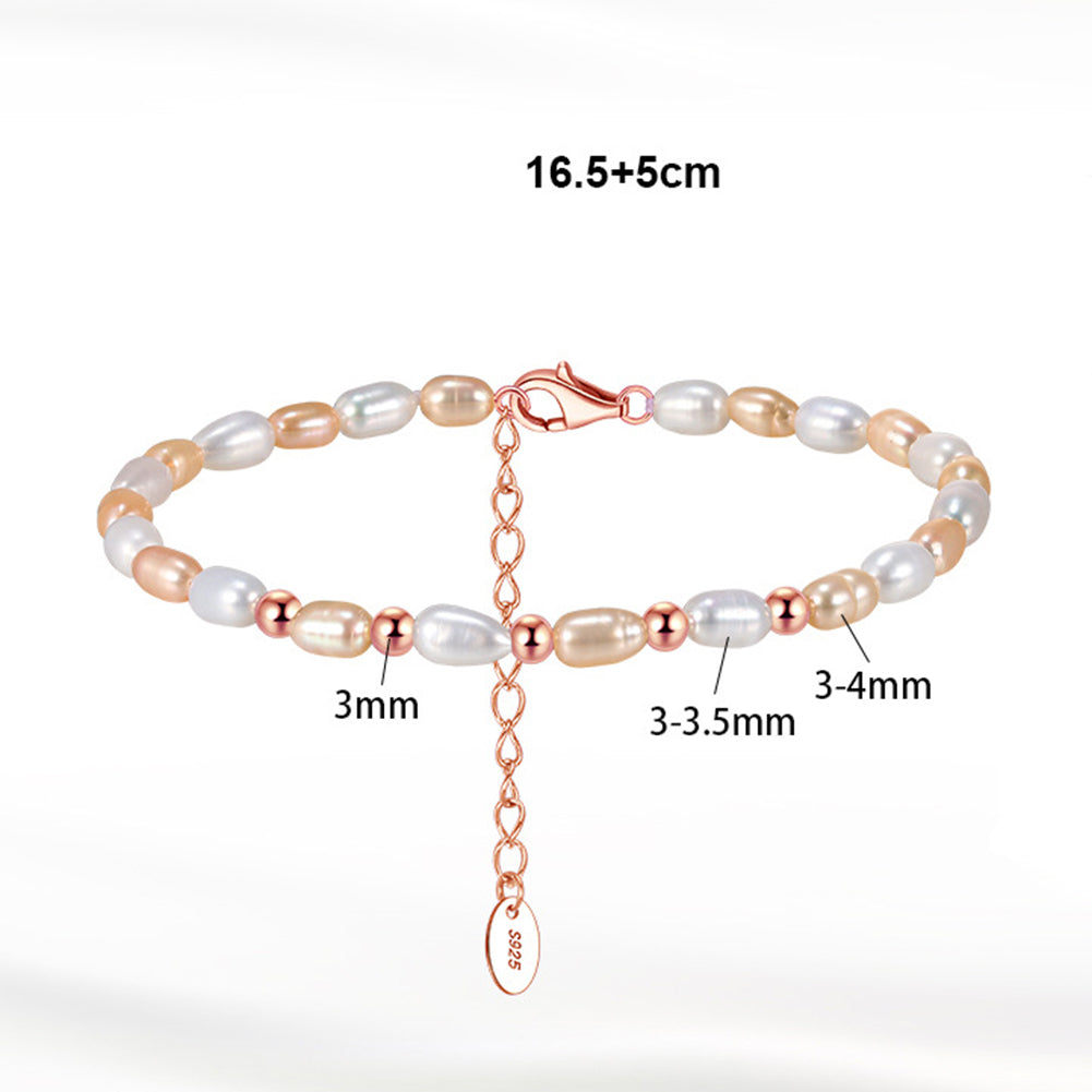 S925 Sterling Silver Beaded Bracelet, Mixed White & Peach Oval Rice Freshwater Pearls with Silver Metal Spacers, Adjustable Extension Chain