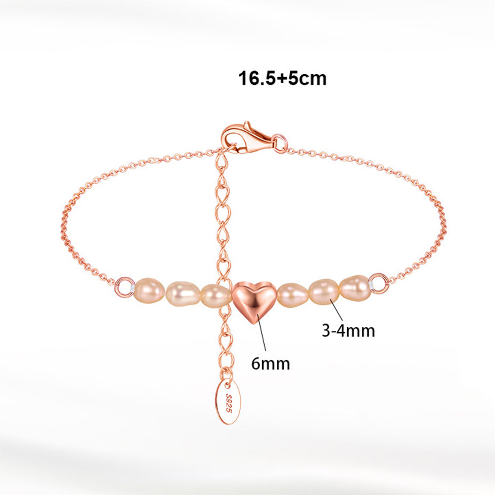 S925 Sterling Silver Dainty Chain Bracelet, Soft Peach Baroque Rice Freshwater Pearls with 3D Solid Heart Charm, Adjustable Extension Chain
