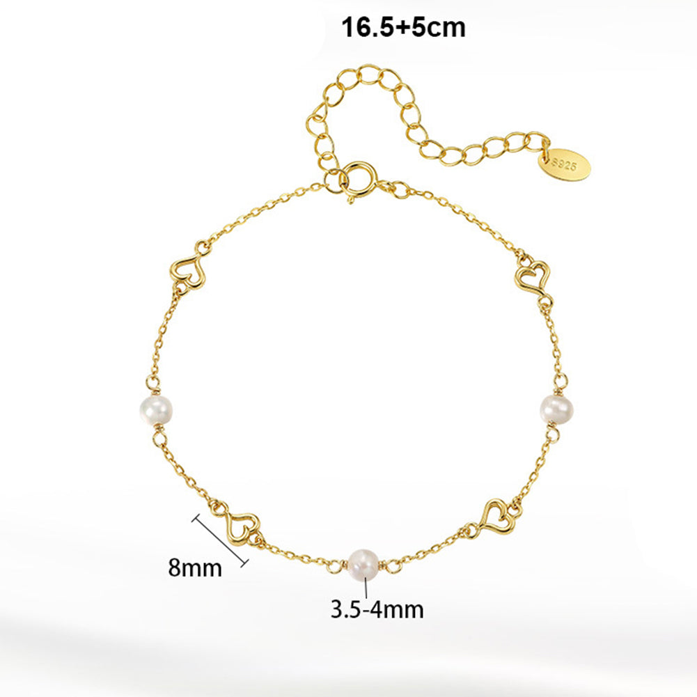 S925 Sterling Silver Thin Chain Bracelet, Round Lustrous Freshwater Pearls & Hollow Open Heart Charms, Adjustable Extension Chain