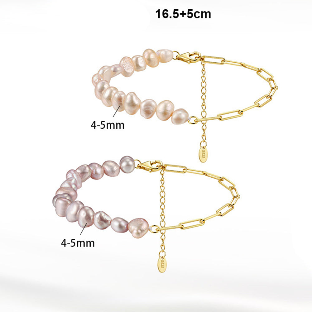 S925 Sterling Silver Half Baroque Pearl Half Paperclip Chain Bracelet, Soft Pink Natural Baroque Freshwater Pearls, Adjustable Extension Chain