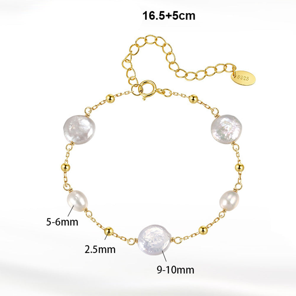 S925 Sterling Silver Bracelet, Large Coin Freshwater Pearls & Oval Rice Pearls with Silver Ball Spacers, Delicate Cable Chain, Adjustable Extension Chain
