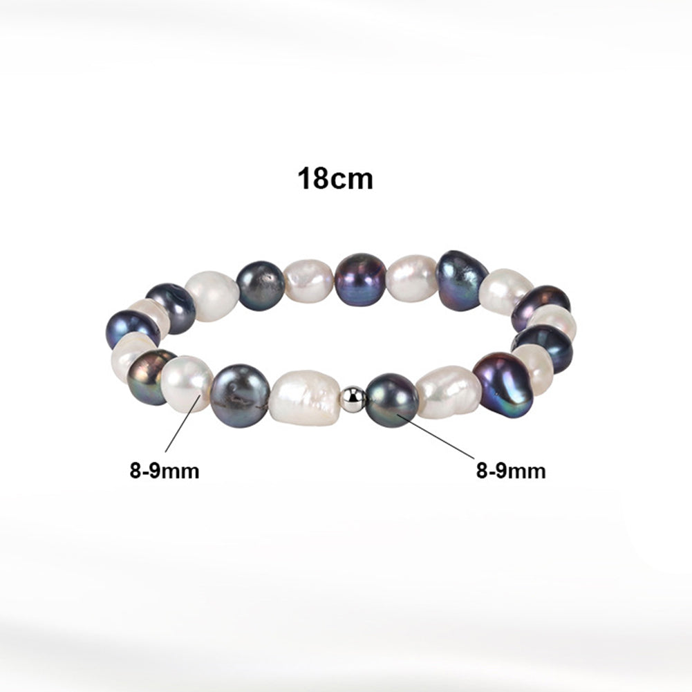 Stretch Beaded Bracelet, Mixed Black Peacock & White Baroque Freshwater Pearls with Polished Silver Metal Spacer Beads, Irregular Natural Pearl Luster