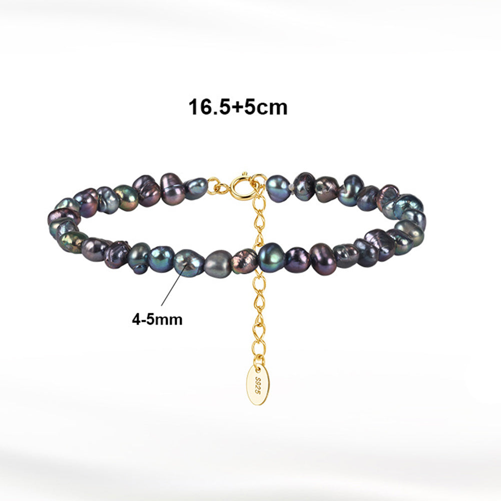 S925 Gold Plated Beaded Bracelet, Dark Peacock Iridescent Baroque Freshwater Pearls, Natural Color Variation, Adjustable Extension Chain