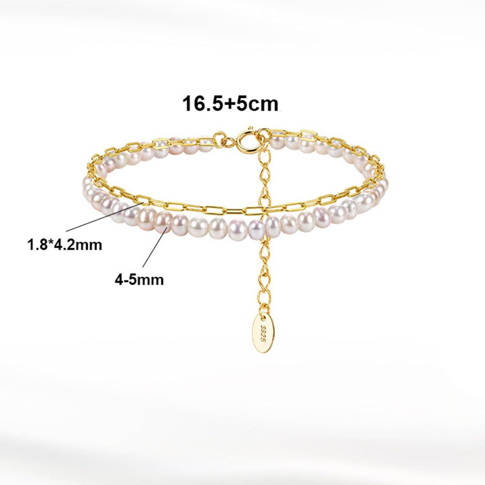 S925 Sterling Silver Double Layer Bracelet, Dainty Pastel Rice Freshwater Pearl Strand Paired with Paperclip Chain, Adjustable Extension Chain