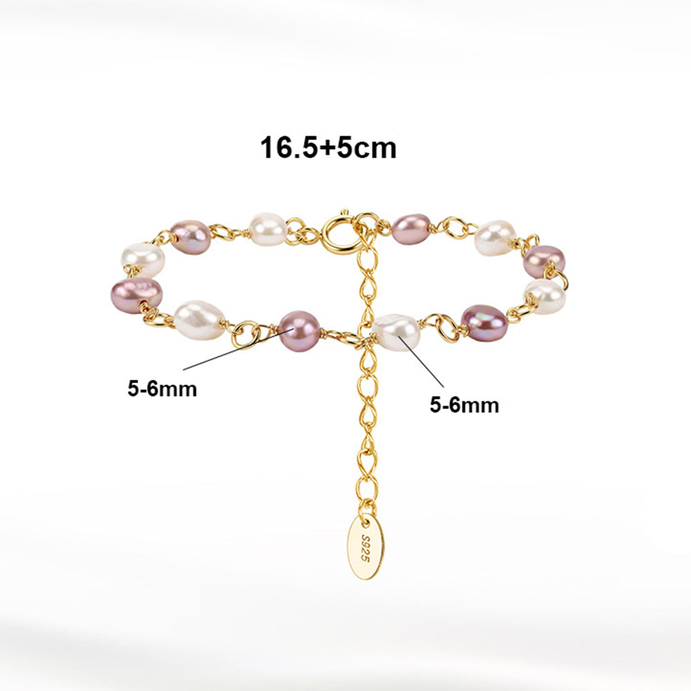 S925 Gold Plated Wire Wrapped Bracelet, Mixed White & Purple Oval Lustrous Freshwater Pearls, Open Link Chain, Adjustable Extension Chain
