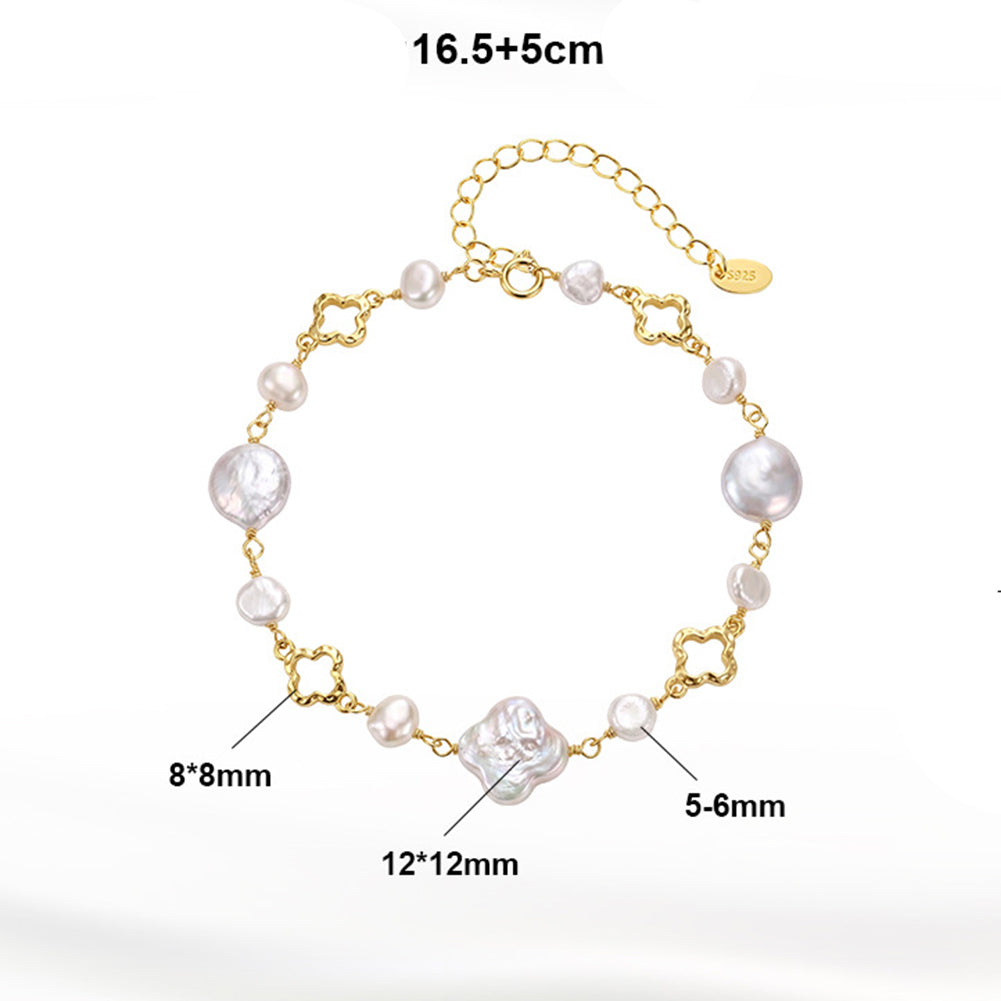 S925 Gold Plated Clover Link Bracelet, Mixed Lustrous Baroque Coin & Petal-shaped Freshwater Pearls, Hollow Four-leaf Clover Metal Links, Adjustable Extension Chain