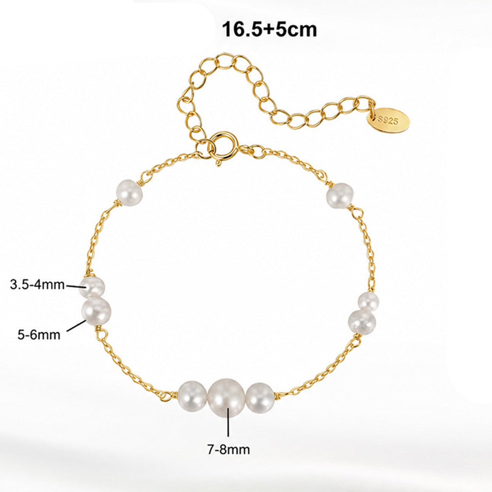S925 Sterling Silver Dainty Chain Bracelet, Graduated Lustrous Round Freshwater Pearls Arranged on Thin Cable Chain, Adjustable Extension Chain
