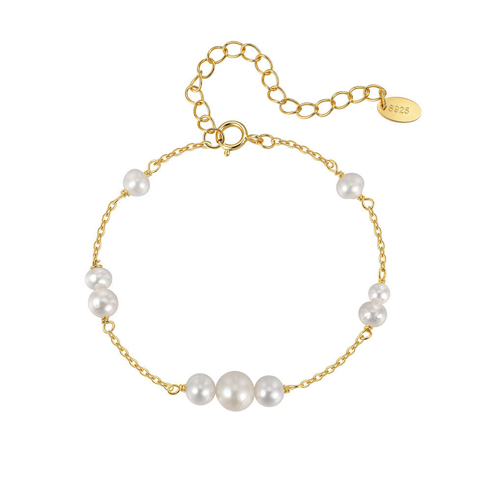 S925 Sterling Silver Dainty Chain Bracelet, Graduated Lustrous Round Freshwater Pearls Arranged on Thin Cable Chain, Adjustable Extension Chain