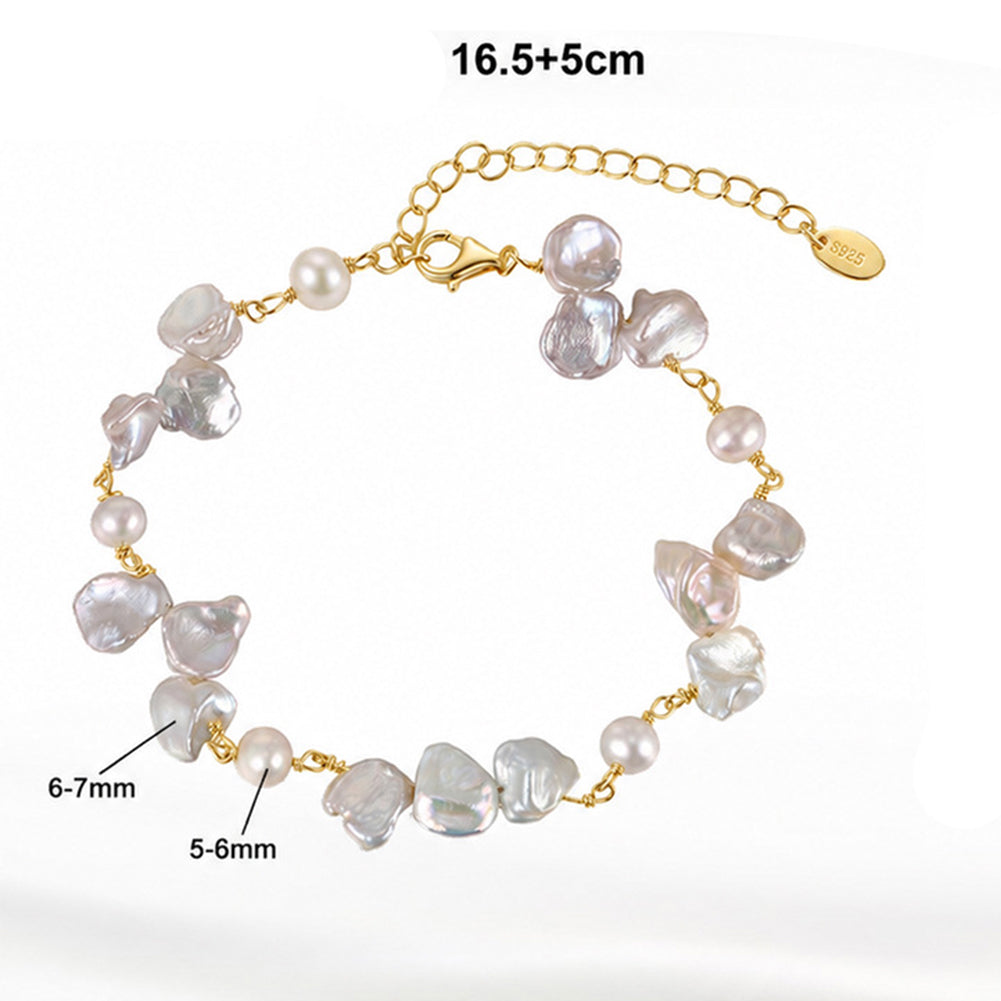 S925 Sterling Silver Bracelet, Natural Petal-shaped Keshi Baroque Freshwater Pearls paired with Small Round Lustrous Pearls, Adjustable Extension Chain