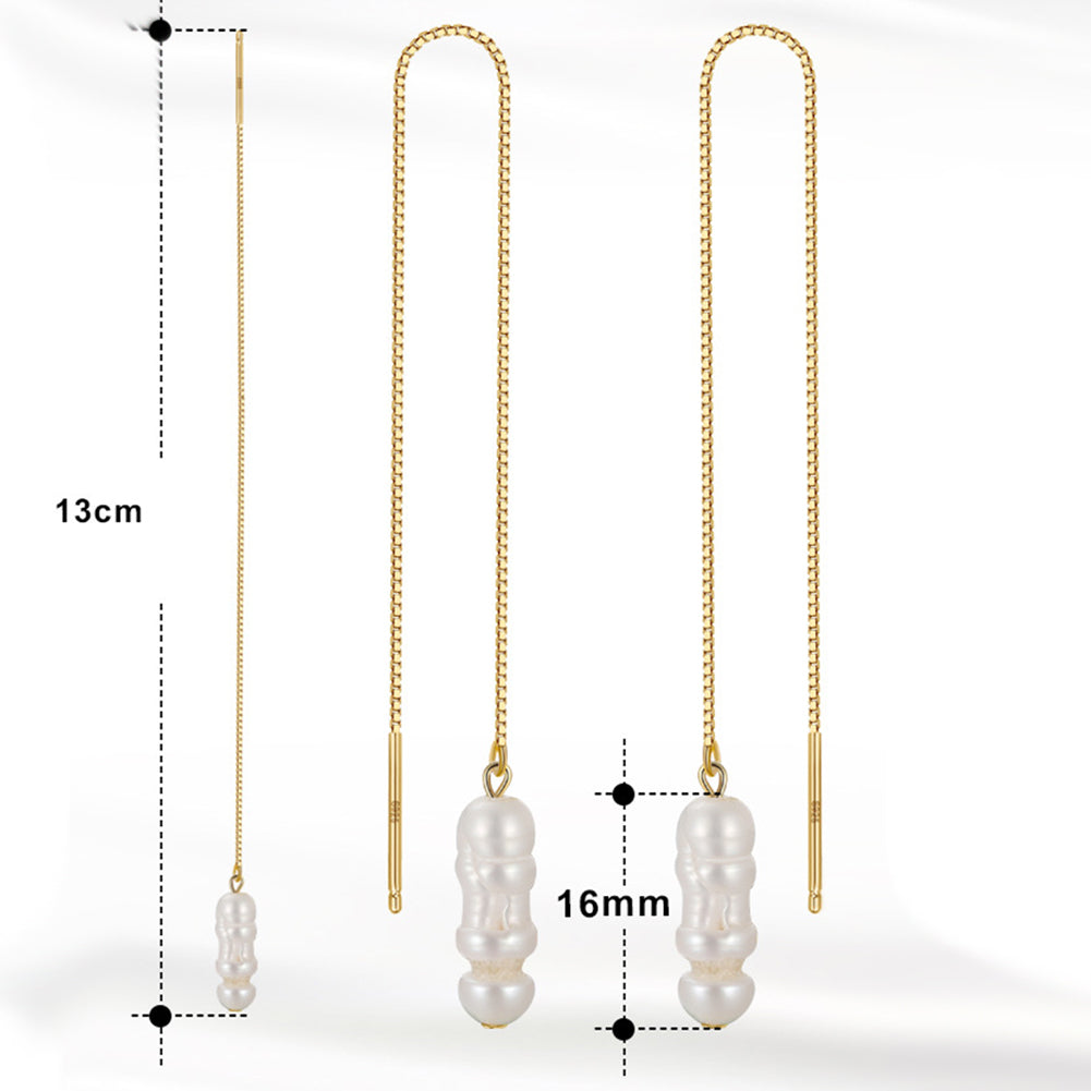 S925 Sterling Silver Threader Stacked Baroque Pearl Earrings, Unique Sculptural Irregular Baroque Freshwater Pearl on Slim Box Chain Threader