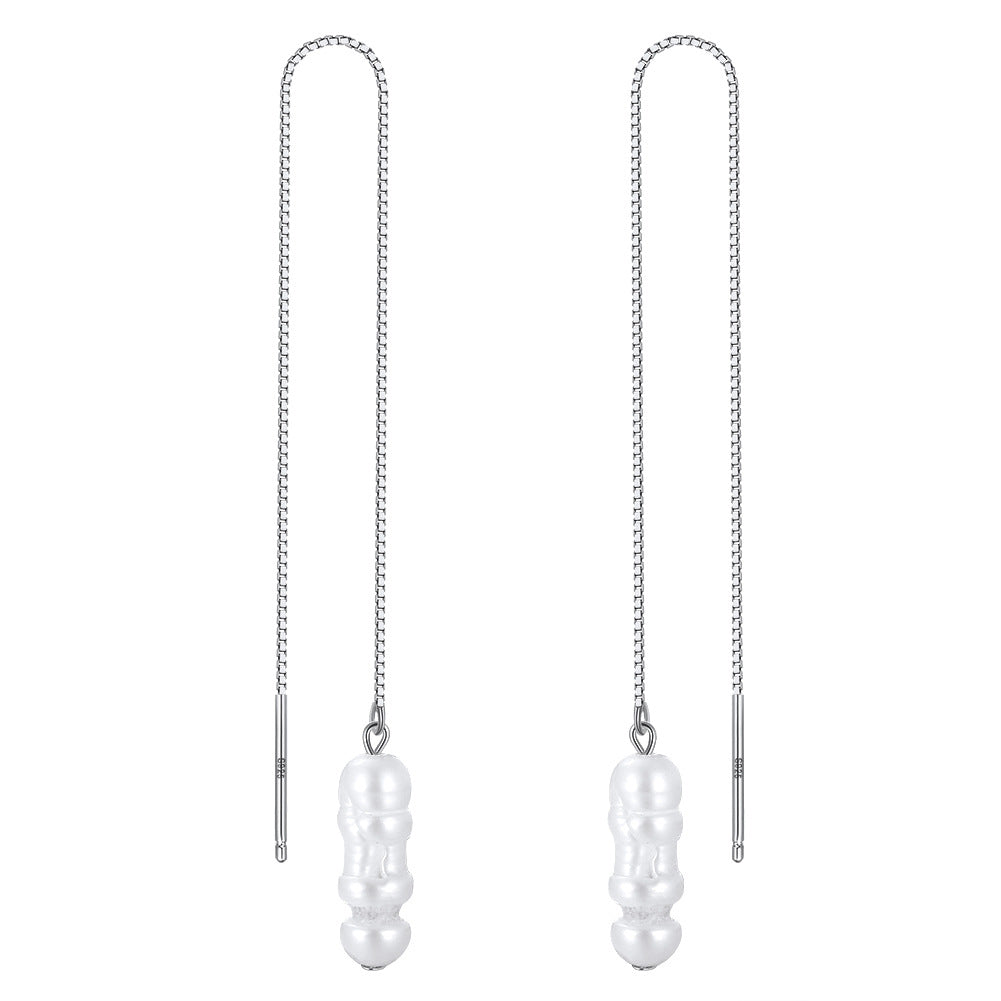 S925 Sterling Silver Threader Stacked Baroque Pearl Earrings, Unique Sculptural Irregular Baroque Freshwater Pearl on Slim Box Chain Threader