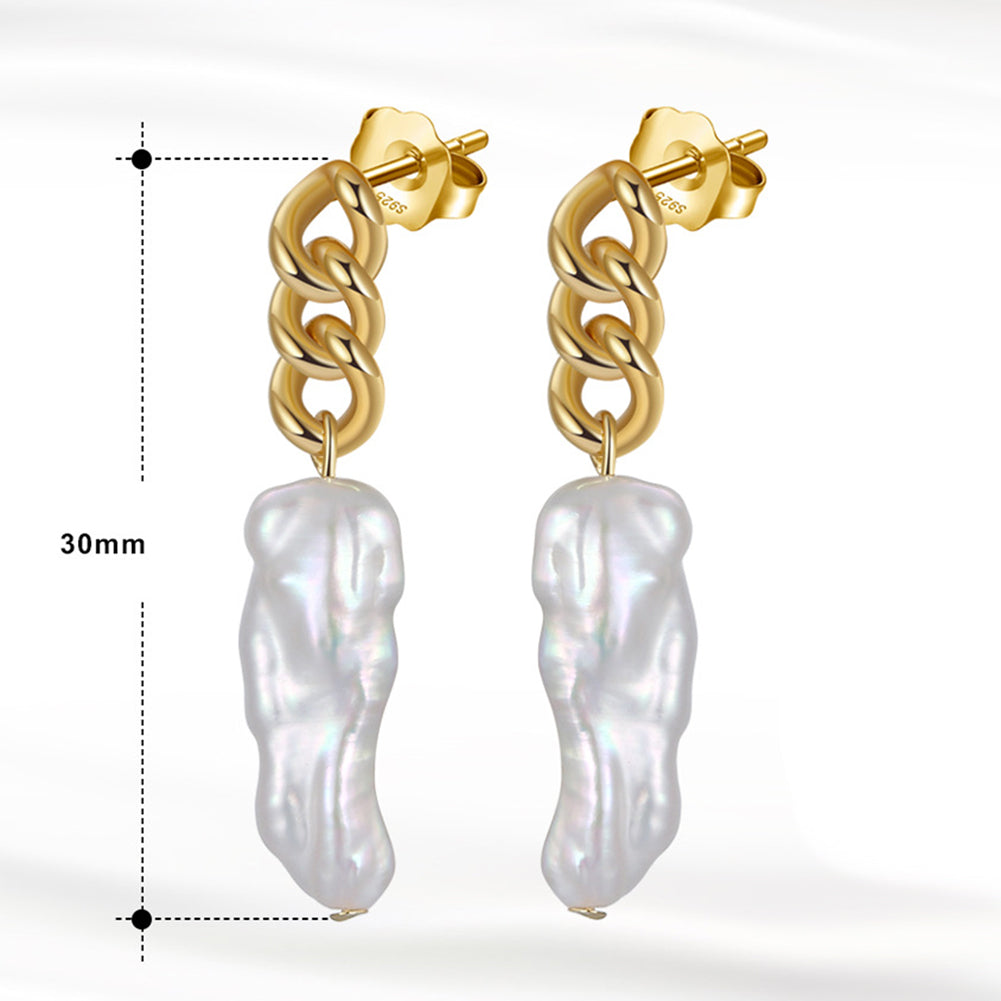 S925 Sterling Silver Thick Curb Chain Biwa Pearl Stud Earrings, Large Elongated Biwa Baroque Freshwater Pearl with Natural Rainbow Iridescent Luster