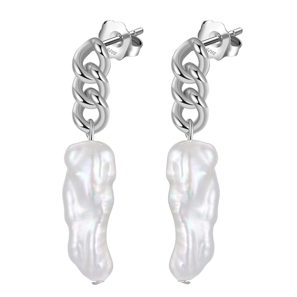 S925 Sterling Silver Thick Curb Chain Biwa Pearl Stud Earrings, Large Elongated Biwa Baroque Freshwater Pearl with Natural Rainbow Iridescent Luster
