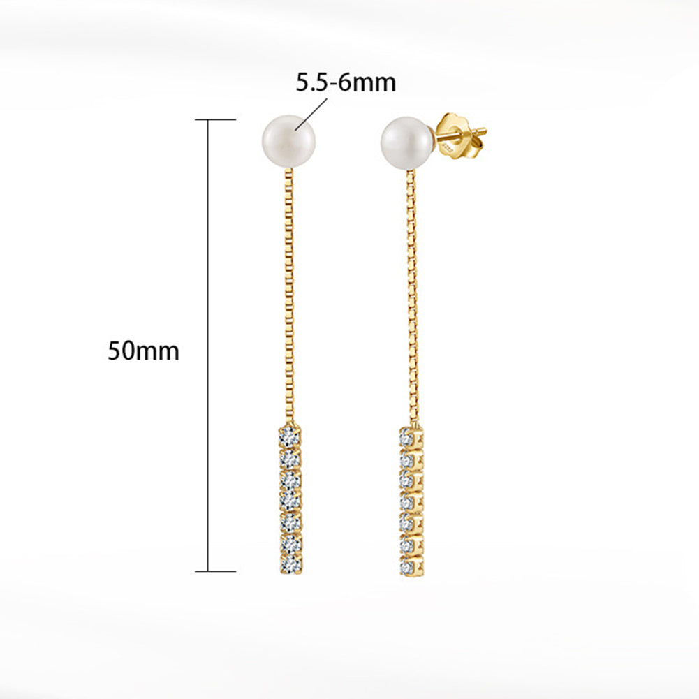 S925 Gold Plated Long Box Chain Pearl Threader Earrings, Single Large Round Lustrous Freshwater Pearl with Vertical CZ Drop Tassel
