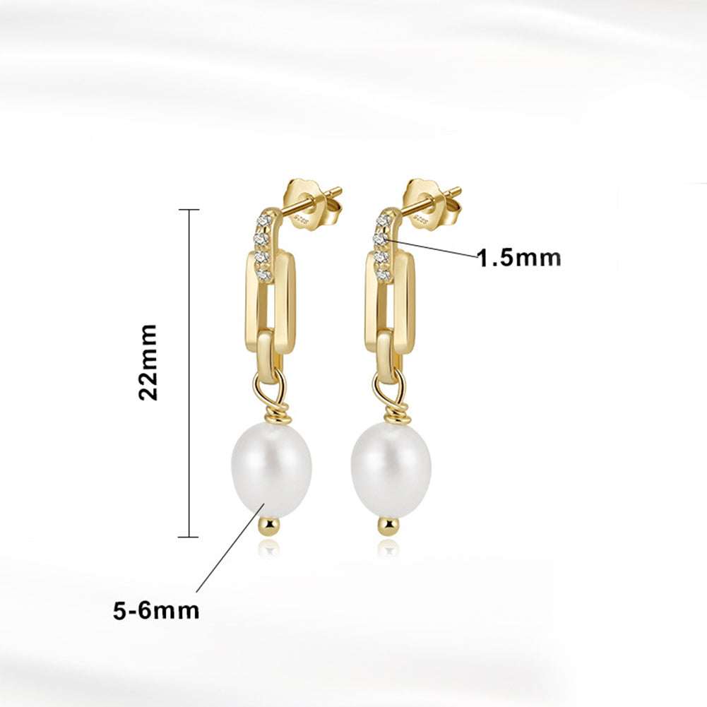 S925 Sterling Silver Paperclip Link CZ Accent Teardrop Freshwater Pearl Dangle Earrings, Geometric Chain Oval Lustrous Pearl Drop Earrings