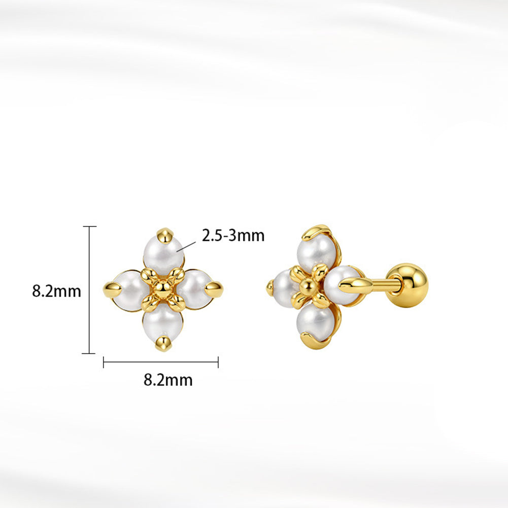 S925 Sterling Silver Four-Petal Flower Freshwater Pearl Screw Back Stud Earrings, Cluster Small Round Pearls Floral Ear Piercing Jewelry