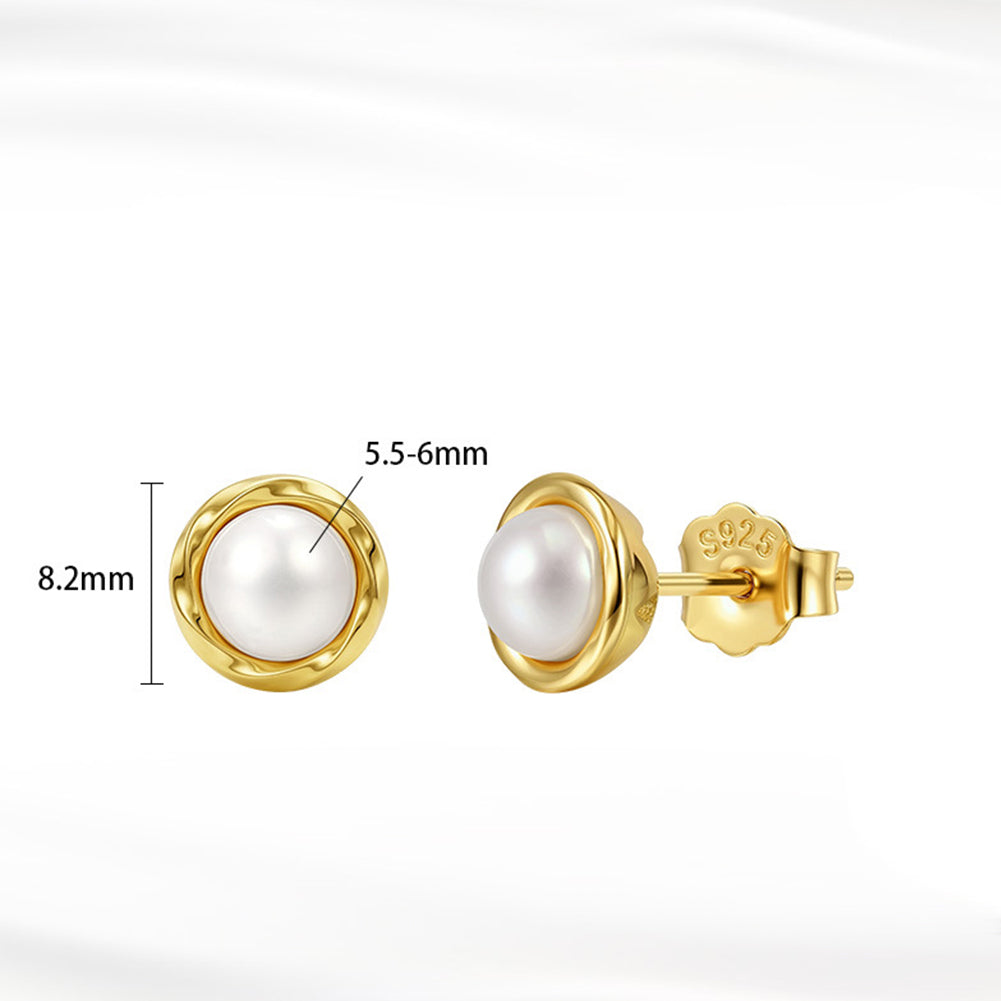 S925 Sterling Silver Twisted Bezel Round Freshwater Pearl Stud Earrings, Smooth Wavy Frame Lustrous Pearl Minimalist Ear Studs
