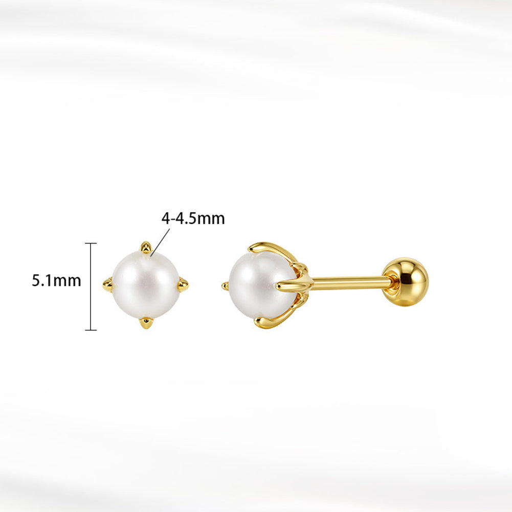 S925 Sterling Silver Gold Plated 4-Prong Round Freshwater Pearl Screw Back Stud Earrings, Simple Solid Gold Tone Pearl Ear Studs