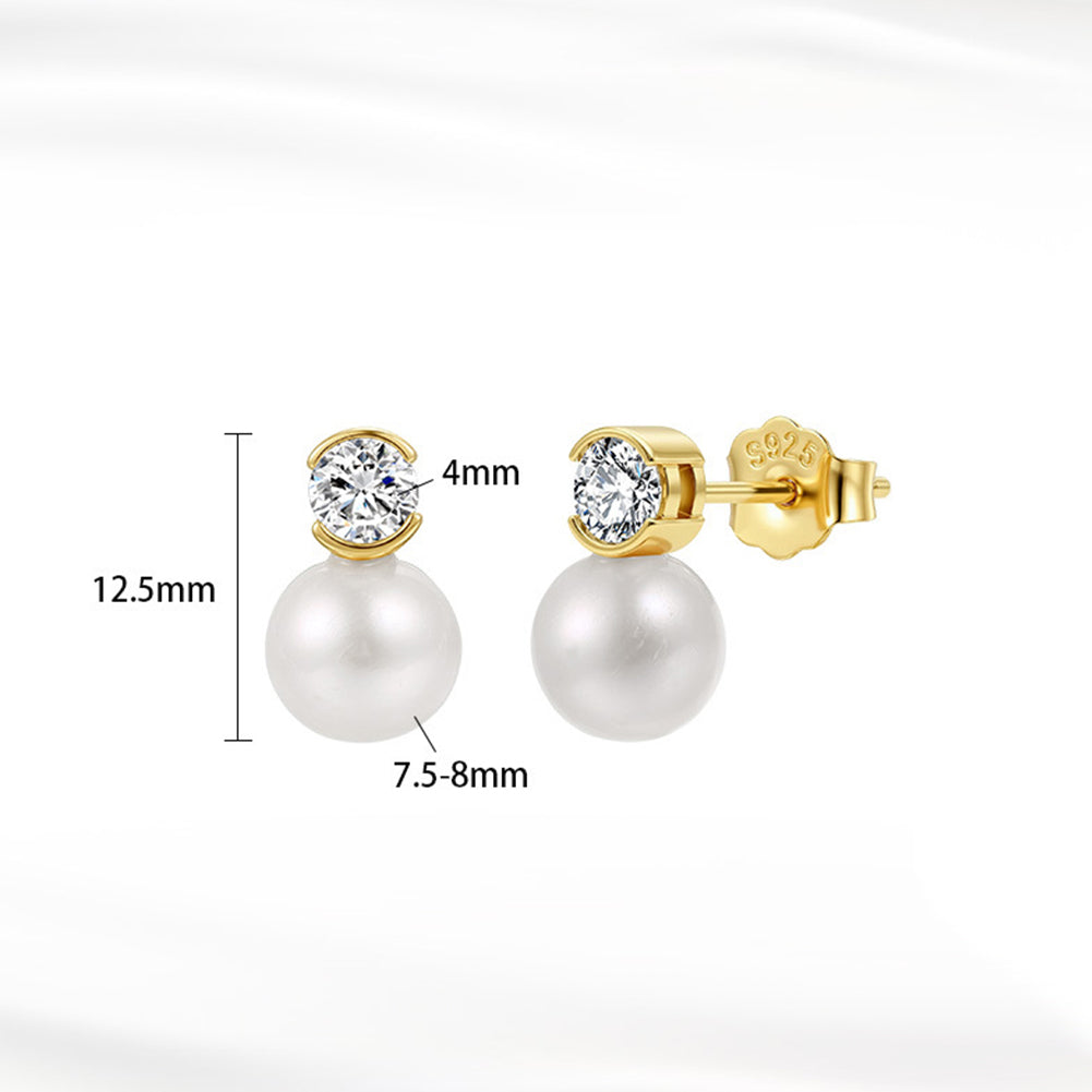S925 Sterling Silver Half Bezel Round CZ & Large Lustrous Round Freshwater Pearl Stud Earrings for Women
