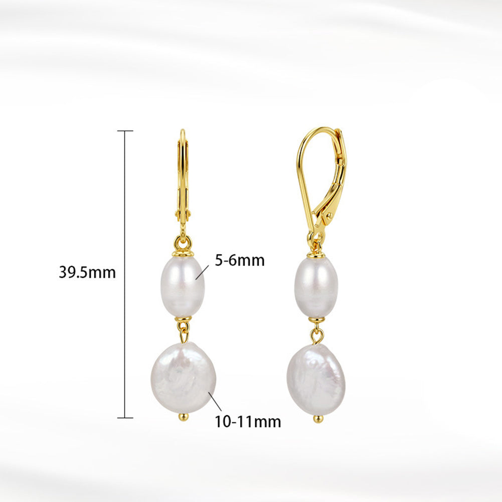 S925 Sterling Silver Leverback Pearl Drop Earrings, Oval Rice Pearl and Coin Baroque Freshwater Pearl Two-Tier Dangle Earrings