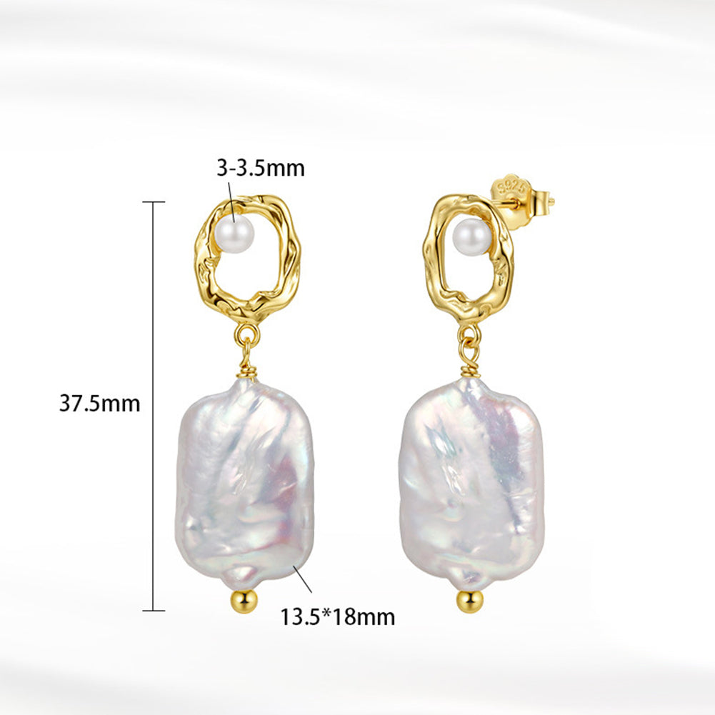 S925 Sterling Silver Irregular Hollow Frame Baroque Pearl Earrings, Small Round Pearl Accent Large Rectangle Baroque Freshwater Pearl Dangles
