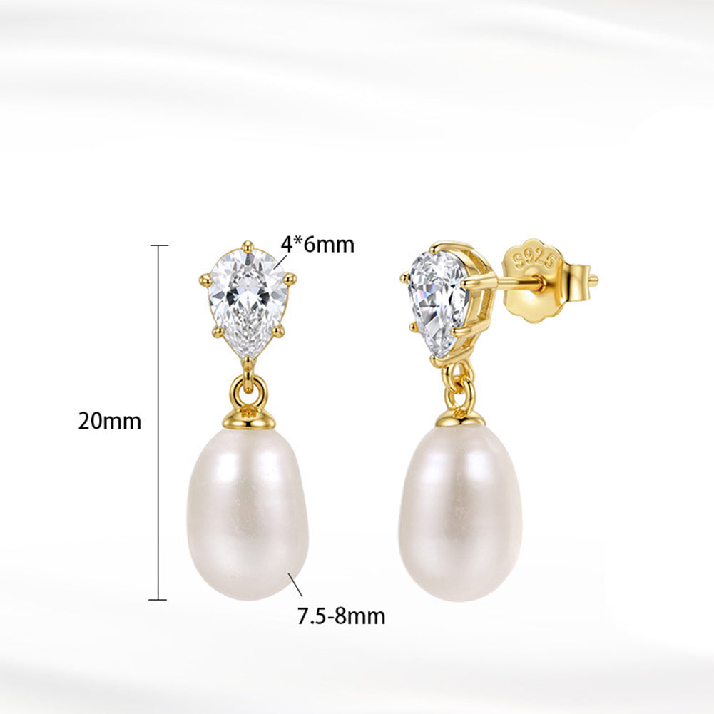 S925 Sterling Silver Pear Cut CZ Teardrop Freshwater Pearl Dangle Earrings, Pear Shape Cubic Zirconia with Lustrous Drop Pearl Earrings