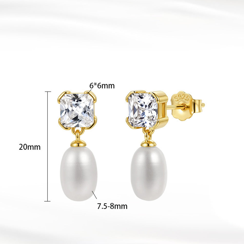 S925 Sterling Silver Cushion Cut CZ & Oval Freshwater Pearl Drop Earrings, Sparkling Square Cubic Zirconia Teardrop Pearl Earring Studs
