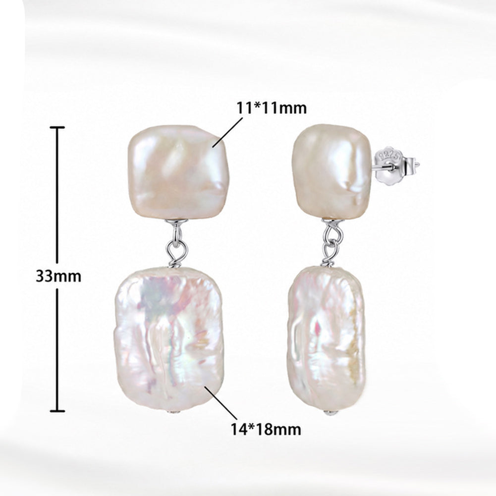 S925 Sterling Silver Double Layer Baroque Pearl Drop Earrings, Two Tier Rectangle Irregular Freshwater Baroque Pearl Dangle Earrings