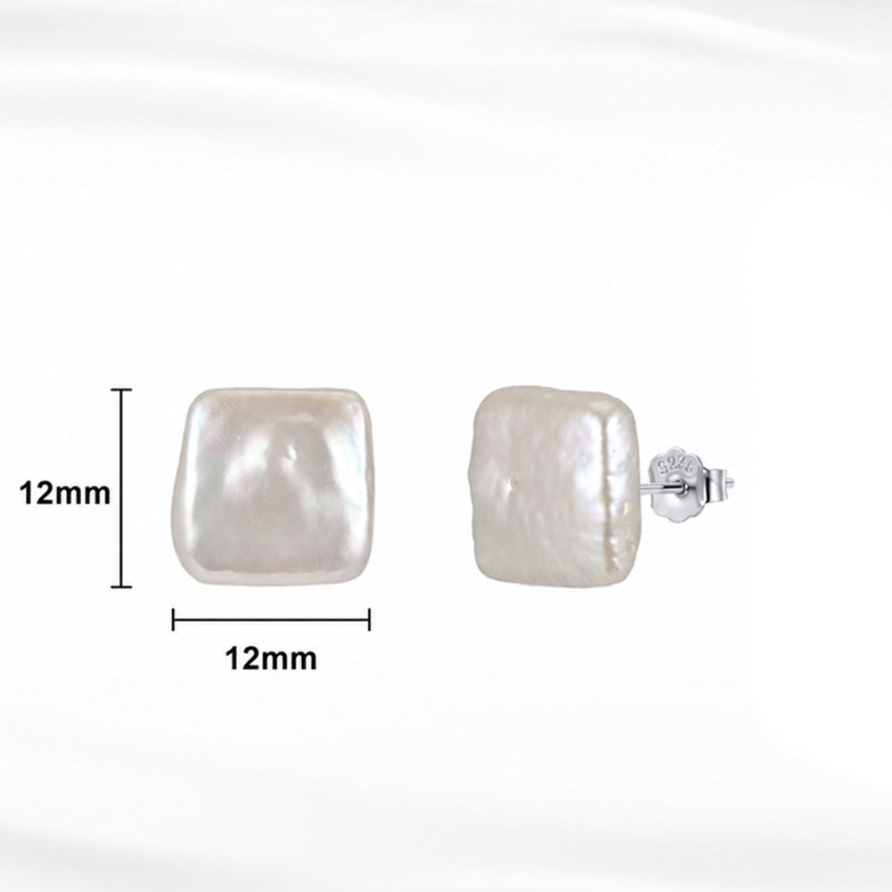 S925 Sterling Silver Square Baroque Pearl Stud Earrings, Lustrous Irregular Square Freshwater Pearl Minimalist Ear Studs