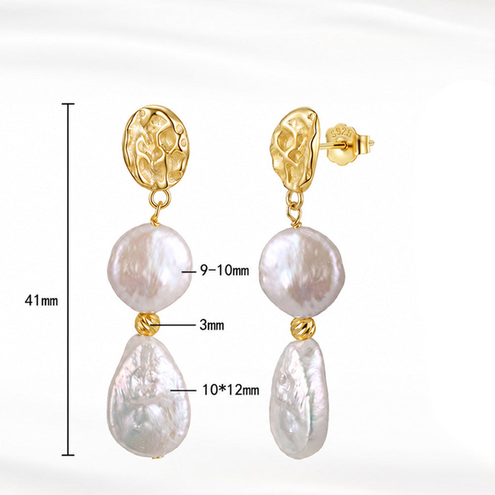 S925 Silver Textured Metal Baroque Pearl Drop Earrings, Coin Pearl & Teardrop Irregular Freshwater Pearl Stacked Dangle Earrings