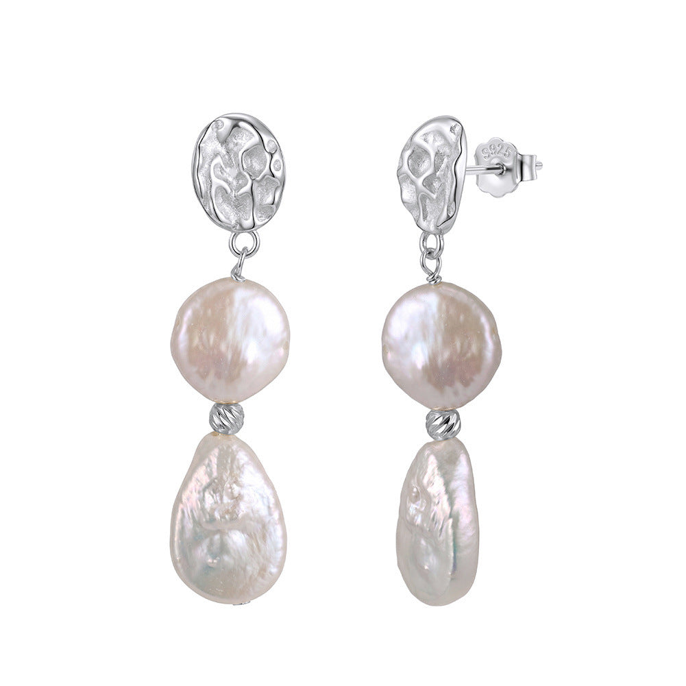 S925 Silver Textured Metal Baroque Pearl Drop Earrings, Coin Pearl & Teardrop Irregular Freshwater Pearl Stacked Dangle Earrings