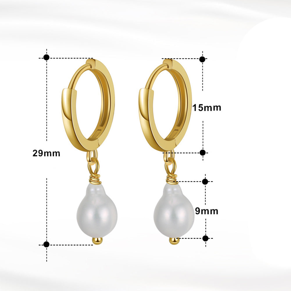 S925 Sterling Silver Chunky Huggie Hoop Pearl Earrings, Bulbous Teardrop Shaped Lustrous Freshwater Pearl Dangling from Thick Polished Huggie