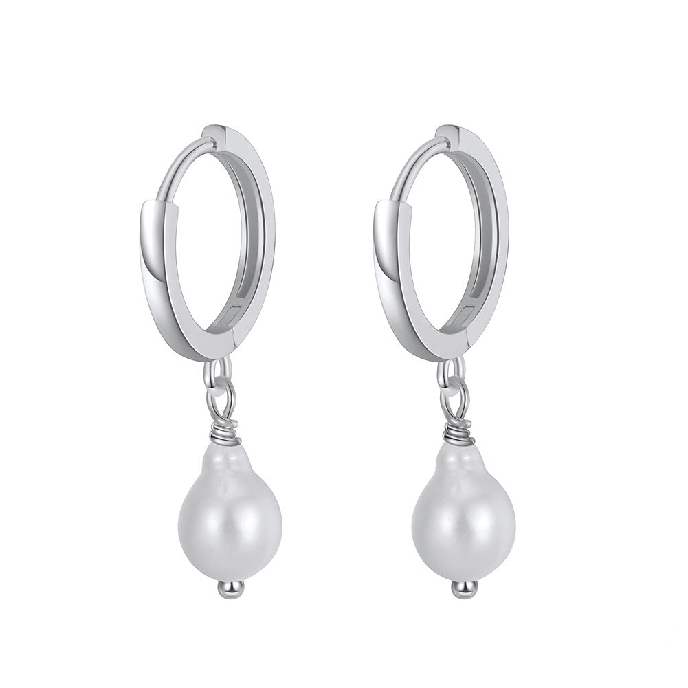 S925 Sterling Silver Chunky Huggie Hoop Pearl Earrings, Bulbous Teardrop Shaped Lustrous Freshwater Pearl Dangling from Thick Polished Huggie