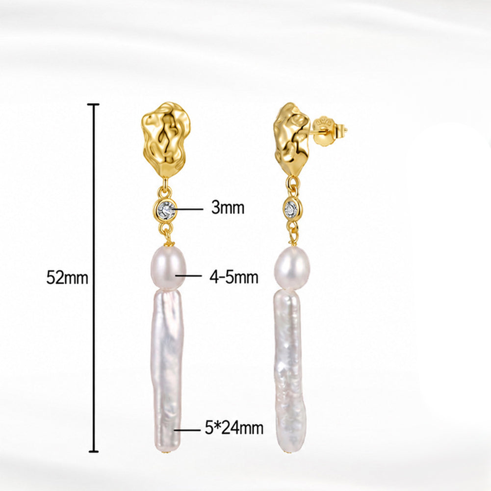 S925 Silver Long Vertical Baroque Pearl Drop Earrings, Hammered Metal Detail, CZ Stone Accent, Rice & Stick Freshwater Pearl Linear Earrings