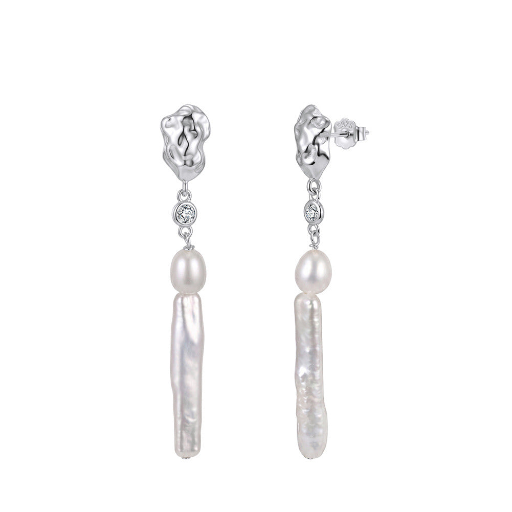 S925 Silver Long Vertical Baroque Pearl Drop Earrings, Hammered Metal Detail, CZ Stone Accent, Rice & Stick Freshwater Pearl Linear Earrings