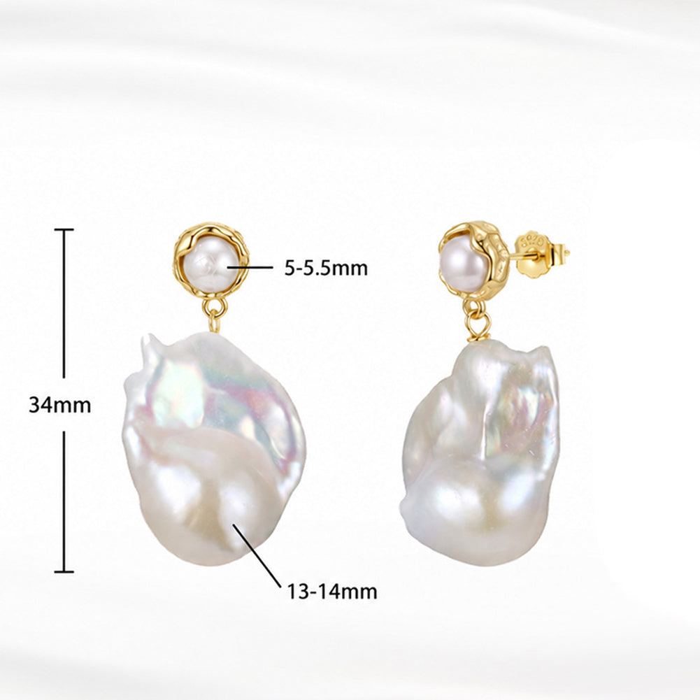 S925 Silver Stud Earrings, Small Round Freshwater Pearl Top with Large Flame Baroque Pearl Drop, Unique Irregular Baroque Pearl Dangle Earrings