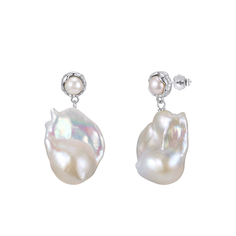 S925 Silver Stud Earrings, Small Round Freshwater Pearl Top with Large Flame Baroque Pearl Drop, Unique Irregular Baroque Pearl Dangle Earrings