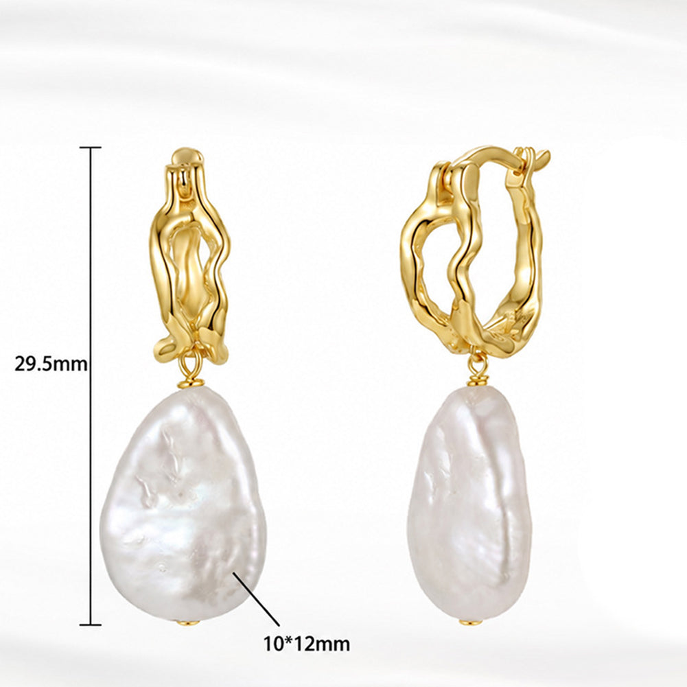S925 Silver Irregular Wavy Hoop Earrings with Teardrop Baroque Freshwater Pearl, Organic Shape Pearl Hoop Drop Earrings