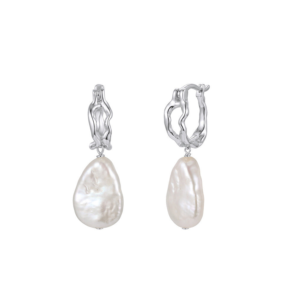 S925 Silver Irregular Wavy Hoop Earrings with Teardrop Baroque Freshwater Pearl, Organic Shape Pearl Hoop Drop Earrings