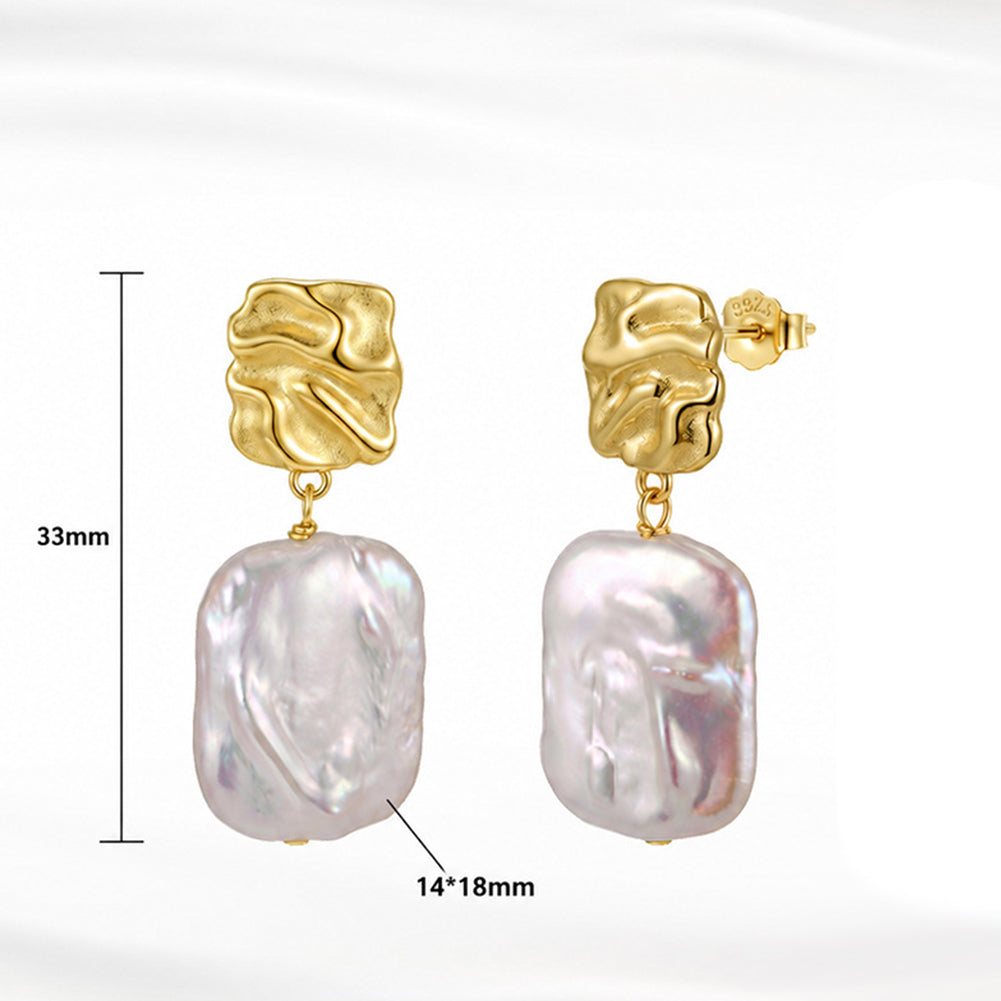S925 Silver Hammered Metal & Rectangle Baroque Pearl Stud Drop Earrings, Large Irregular Freshwater Baroque Pearl Dangle Earrings