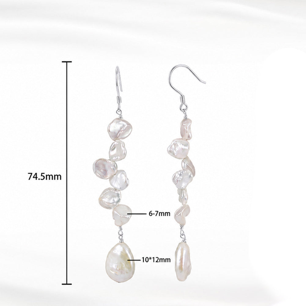 Sterling Silver Long Keshi Pearl Fish Hook Earrings, Cascading Petal Freshwater Pearls with Teardrop Baroque Pearl, Bohemian Long Pearl Dangle Earrings